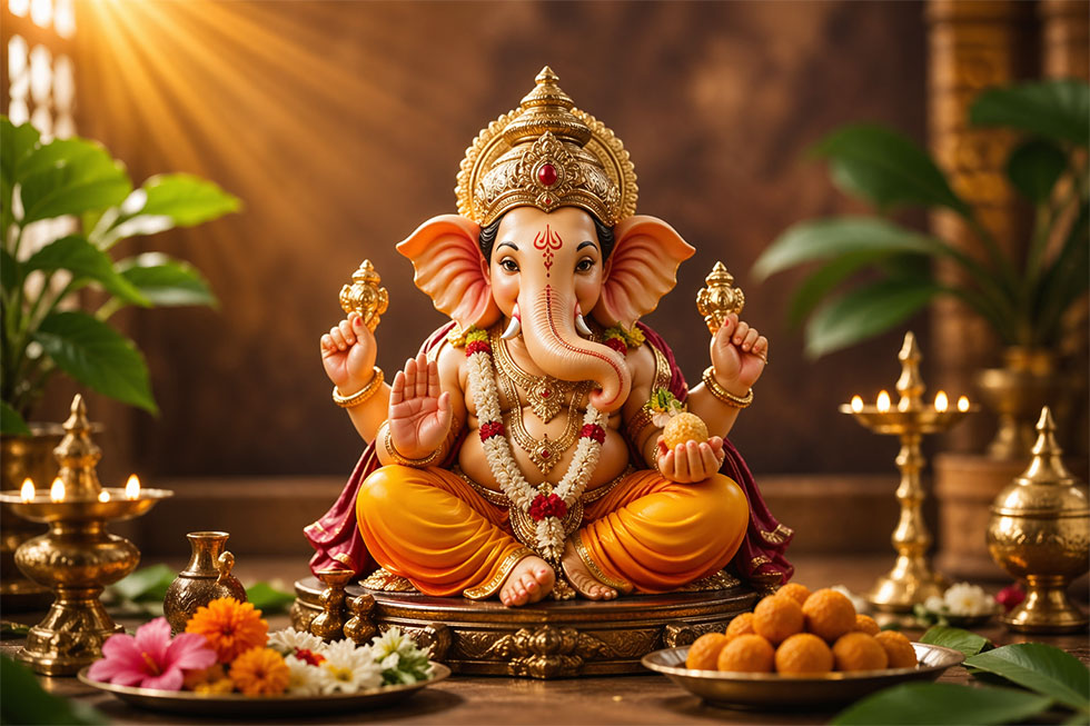 This image represents Vinayagar idol placement according to Vastu principles, showing ideal home pooja positioning for positive energy, peace and spiritual benefits.