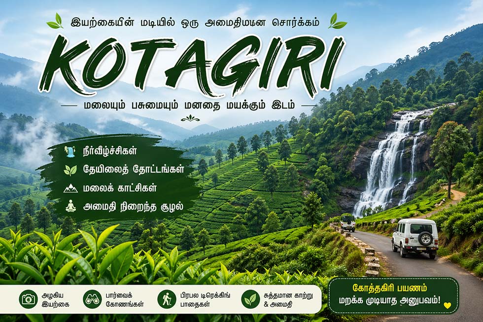 Kotagiri hill station with tea plantations and waterfall view