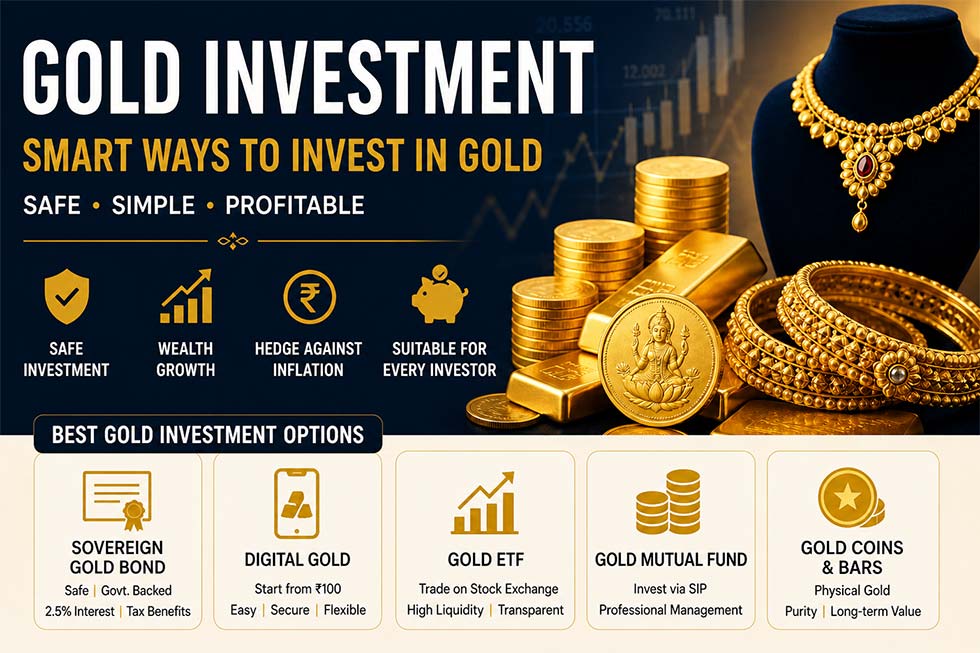 Gold investment guide showing SGB digital gold ETF and gold coins investment options
