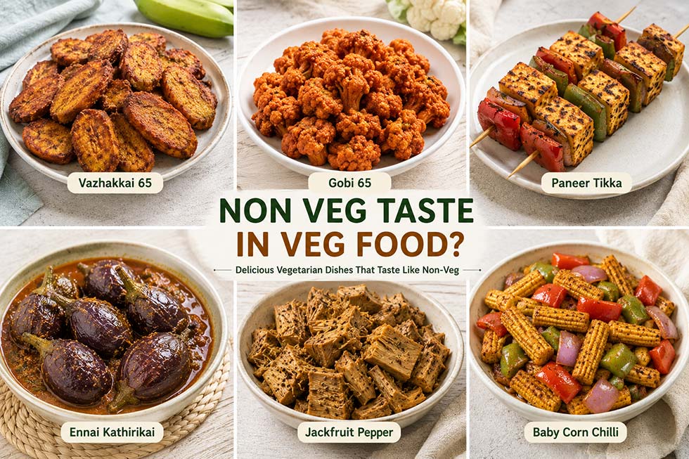 Vazhakkai 65, Gobi 65, Paneer Tikka, Ennai Kathirikai, Jackfruit Pepper and Baby Corn Chilli vegetarian dishes with non veg taste